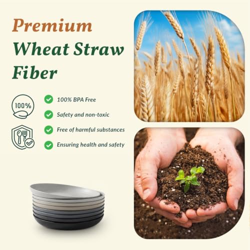 Image of Homienly Deep Dinner Plates Set of 8 Alternative for Plastic Microwave and Dishwasher Safe Wheat Straw Kitchen Unbreakable Kids with 4 Colors (Stone Grey, 8 inch),(Deep plates-8)
