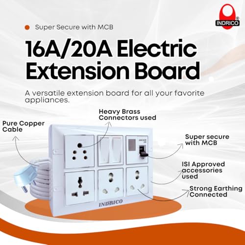 Image of INDRICO 16amps Multi Socket Extension AC Switch Board 15amp with MCB 20A 15A 6A Multi Outlet Box Plug with Copper Cord Heavy Duty Wall Mounted White Pack of 1 (5 Meter 4MM (5000W))