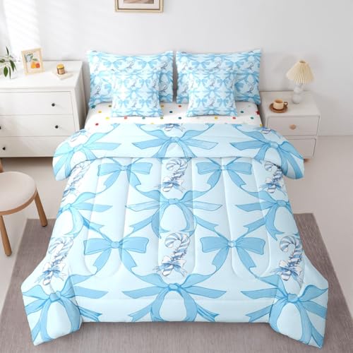 Image of Kawaii Comforter Set 7 Piece Bed in a Bag Twin | Blue Bow Bedding Sets Santa Sticks Candy Canes Comforter and Sheet Set, Dreamy Ribbon Princess Bowknot Bed Sets,Cute Aesthetic Room Decor