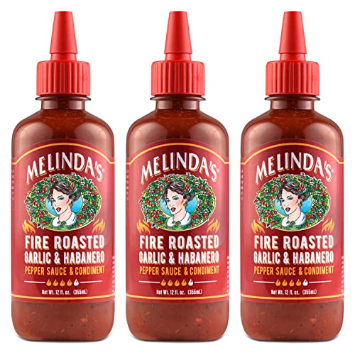 Image of Melinda's Fire Roasted Garlic & Habanero Hot Sauce - Made with Slow Roasted Garlic, Fresh Peppers, Lime Juice - Rich & Smoky Habanero Hot Sauce 12oz, 3 Pack