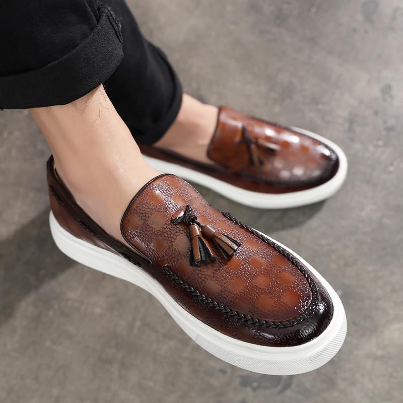 Image of Zeberfi Men's Plaid Pattern Leather Slip On Tassel Loafers Fashion Round Toe Low Top Non-Slip Luxury Business Casual Shoes