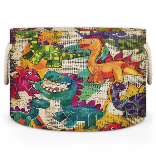 Tablerazzi Dinosaur Funny Animal Large Round Blanket Basket Bin, Blanket Basket for Living Room Collapsible Fabric Laundry Hamper Basket with Handle