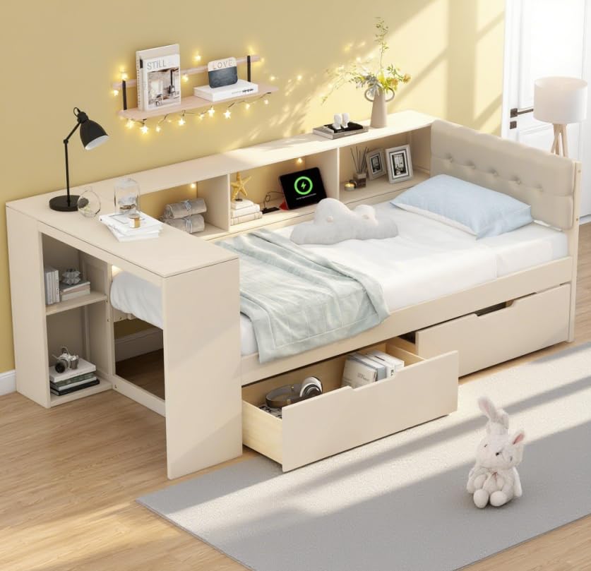 Bellemave Twin Size Corner Bed Frame with Storage Shelves and Desk, Wood Twin Daybed with Bookcase and Drawers and Upholstered Headboard, Cream