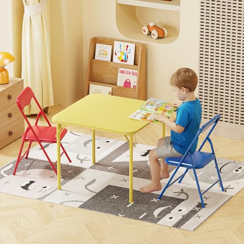 Image of JOYMOR Kids Folding Table and Chairs Set, 3-Piece Metal Frame Activity Set with Easy-Fold Design for Playroom & Classroom (Multicolor)