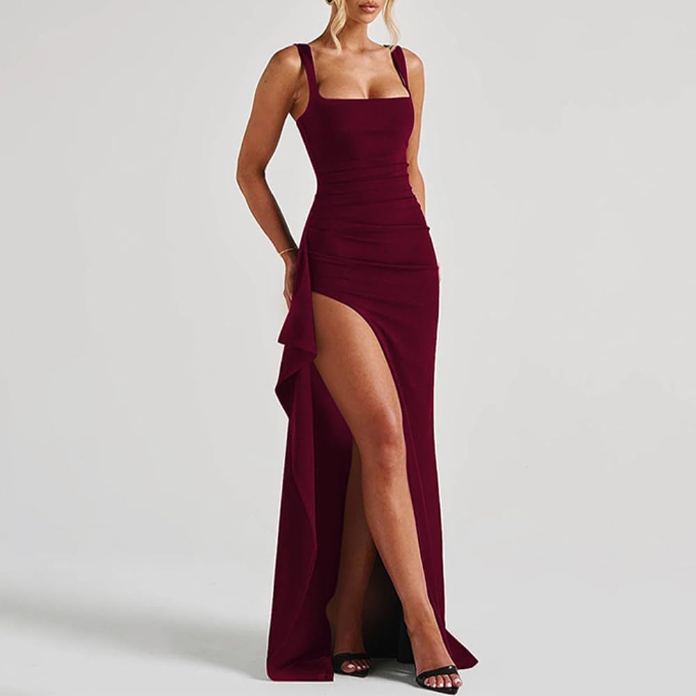 ABYOVRT Women Formal Dresses Sleeveless Bodycon Ruched High Slit Sexy Maxi Dress Cocktail Prom