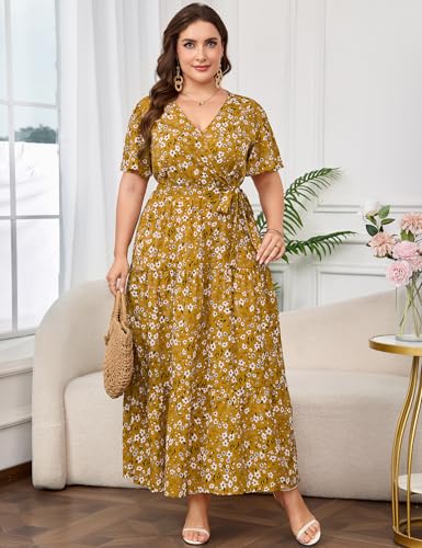 Image of ShopWonder Womens Plus Size V Neck Wrap Maxi Dress High Waist Ruffle Summer Casual Dress with Belt