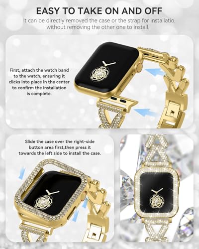 Image of Rhinestones Encrusted Metal Bracelet and Case, Compatible with Apple Watch Bands 38mm-49mm (Series 11 /10 /1 /SE /Ultra 2)- Bling Gold Women's Jewelry Strap, Luxury iWatch Bracelet