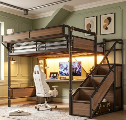 Image of Bellemave Twin XL loft Bed with Storage Stairs, Wardrobe, Shelves, Metal Twin XL Loft Bed Frame for Adults, Kids, Teens, Black+Natural Wood with Black Stairs