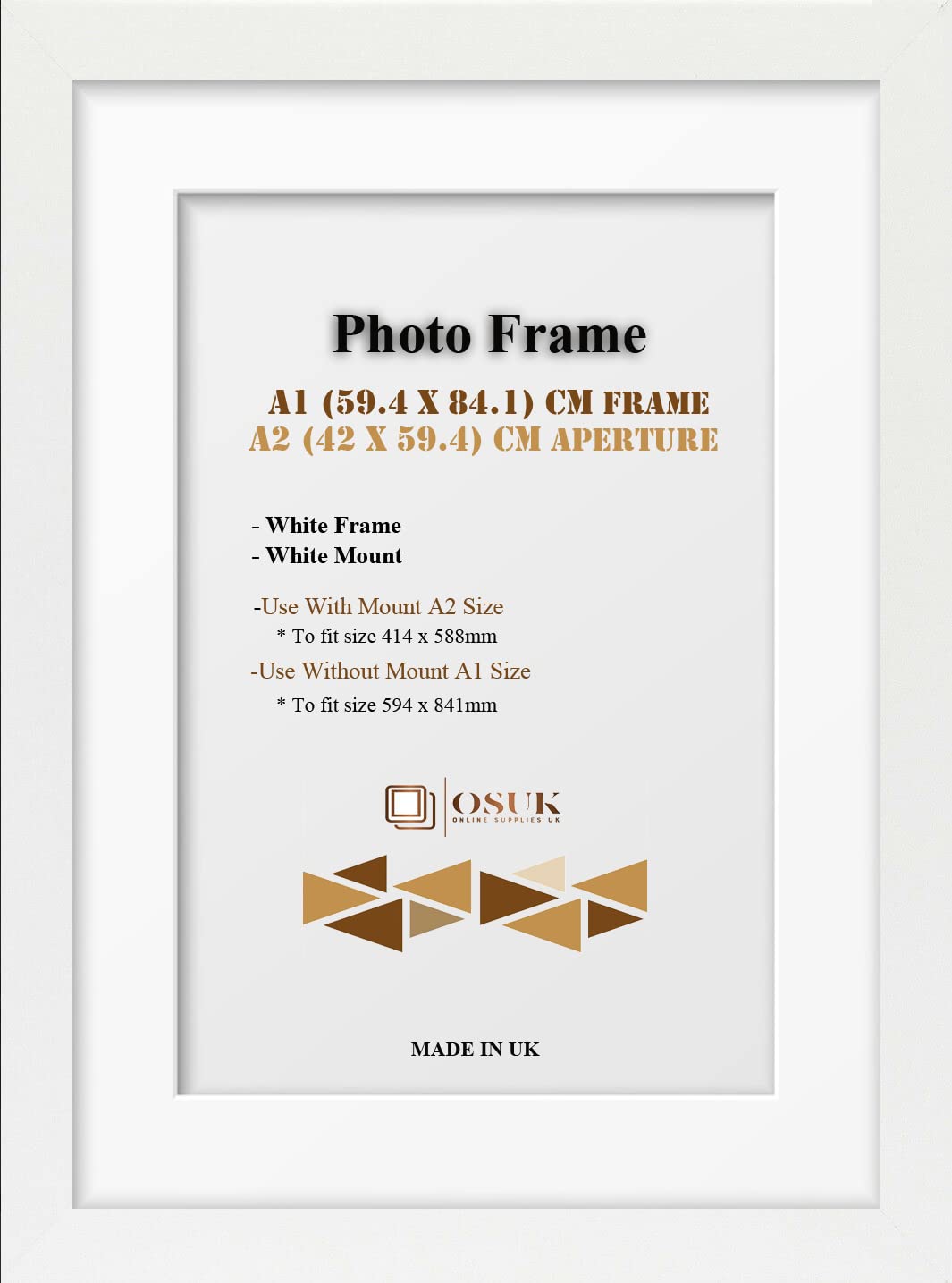 OSUK White A1 Frame With A2 Mount - Modern Photo Frame With White Mount - Clear Perspex Front & Wall Mounting Poster Frame - White A1 Picture Frame With A2 White Mount