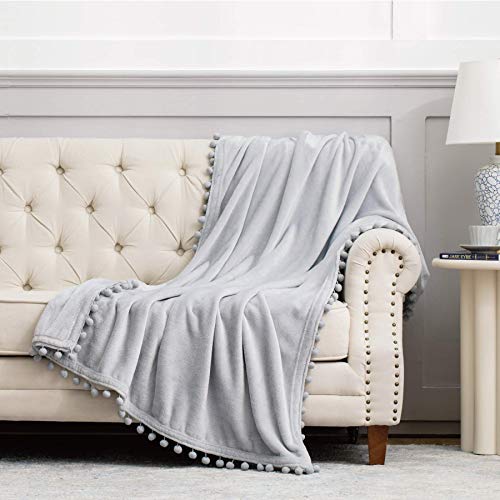 Bedsure Fleece Soft Pom Pom Throw Blanket - Soft Cozy Throw Blanket - Light Grey Throw for Bedroom - Boho Blanket for Couch , Warm Fuzzy Throw Blanket Throw Size - 50x60 , Light Grey
