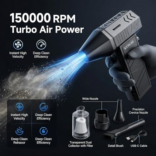 Image of KUNCHI 2-in-1 Cordless Portable Vacuum Cleaner & Air Blower | 8000mAh Rechargeable Battery | 150000 RPM Voilent Fan | High-Speed BLDC Motor | USB Type-C Charging|Car, Laptop, Sofa & Home Cleaning (X6)