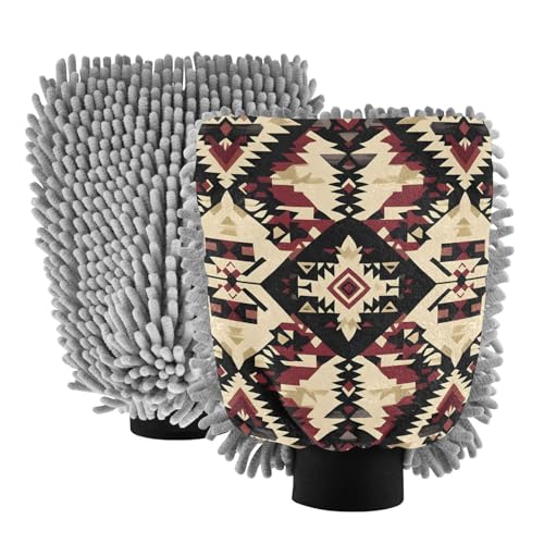 Flradish 2 Pack Traditional Tribal Texture Car Wash Mitt Chenille Microfiber Lint-Free Scratch Free Ultra-Soft Absorbent Car Wash Mitt 10.2x7.09 Inch
