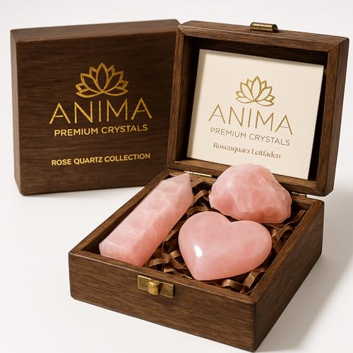 Anima Premium Rosenquarz Stein Set – Rosenquarz Turm, Herz und Rohkristalle – Große Kristalle Heilsteines in Holzbox – Ideales Spirituelles Geschenk für Frauen - für Liebe und Emotionale Balance