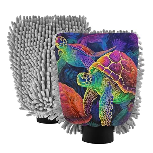 Flradish 2 Pack Colored Turtle Car Wash Mitt Chenille Microfiber Lint-Free Scratch Free Ultra-Soft Absorbent Car Wash Mitt 11.8x8.07 Inch