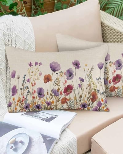Boanket Lumbar Pillow Covers 12 x 20 in, Purple Red Spring Floral Waterproof Throw Pillow Cover Set of 2, Botanical Summer Flowers Home Decorative Rectangle Cushion Covers for Patio/Tent/Couch/Garden