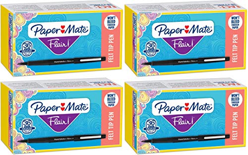 Paper Mate Flair Felt Tip Pens, Medium Point (0.7mm), Black, 36 Count Pack of 4