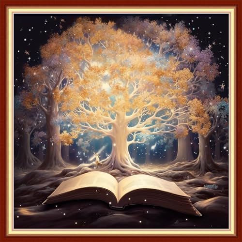 Image of Funxvoot Stamped Cross Stitch Kits Beginners Full Range of Embroidery Kits for Adults 11CT Embroidery Patterns Needlepoint Kits Printed Cross Stitch Kits - (Book Trees 18x18 inchs)