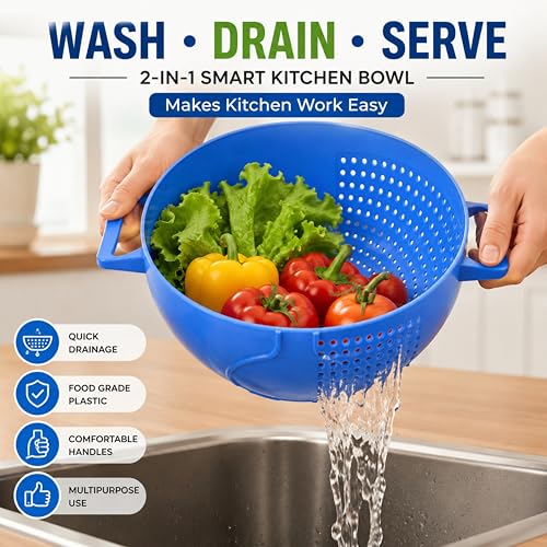 Image of Rice Washer Bowl Kitchen Rinse Bowl with Side Drain Holes | Multiuse Washing Tub for Dal, Noodles, Produce & Grains | Easy Flow Straining Container with Grip Handles | BPA Free Utility Basket