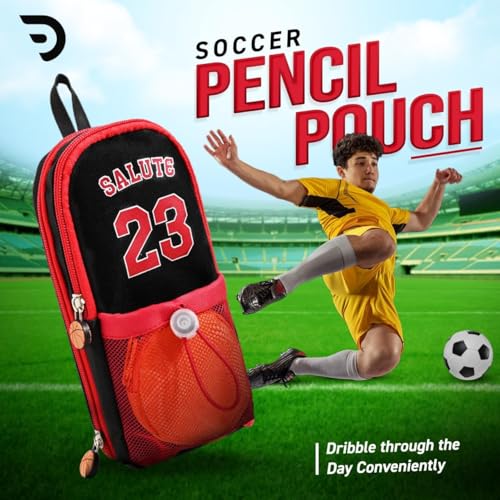 Image of DEOXY Polyester Large Capacity Pencil Pouch with 3 Zippers & 5 Compartments - Waterproof Standing Pencil Case with Metal Zipper + Football Charm & Coin Pouch (Idol), red