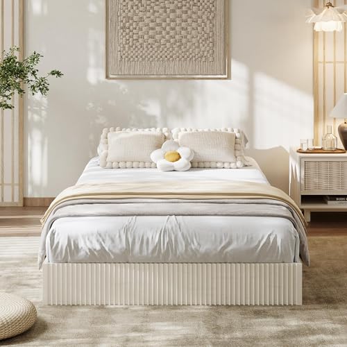Image of GarveeHome Twin XL Size Bed Frame, Wood Platform Bed, Fluted Bed Frame, Minimalist Bed Base with Low Profile Design, Noise-Free, Easy Assembly, No Box Spring Needed, Cream White