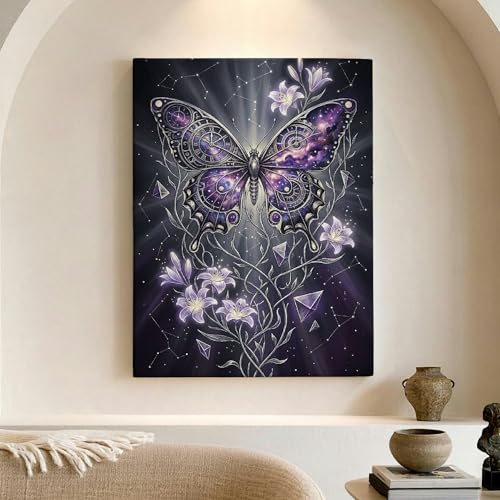 Lienzo de mariposas y flores moradas para decorar un salón moderno con arte abstracto
