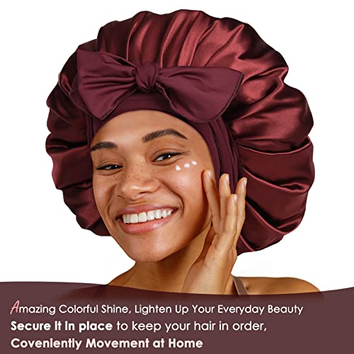 YANIBEST Silk Bonnet for Sleeping Women Satin Bonnet Double Layer Satin Lined Hair Bonnet with Tie Band Curly Hair Burgundy - Image 2