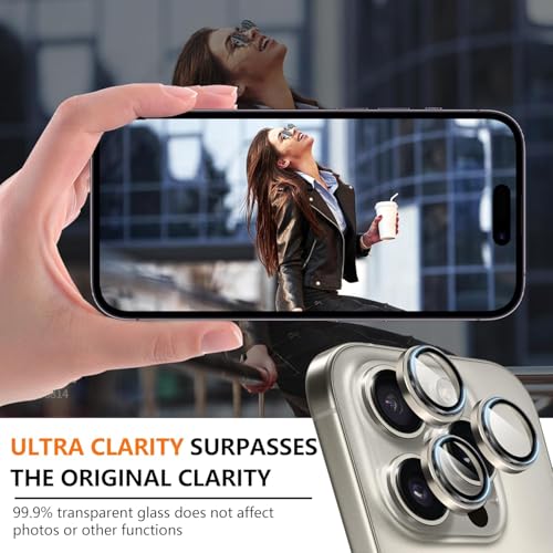 Image of PACK OF 2 Natural Titanium Camera Lens Protector for iPhone 16 Pro / 16 Pro Max / 15 Pro / 15 Pro Max HD Clear 9H Tempered Glass, Scratch & Drop Resistant Camera Guard, Case Friendly Waterproof Camera Lens Cover