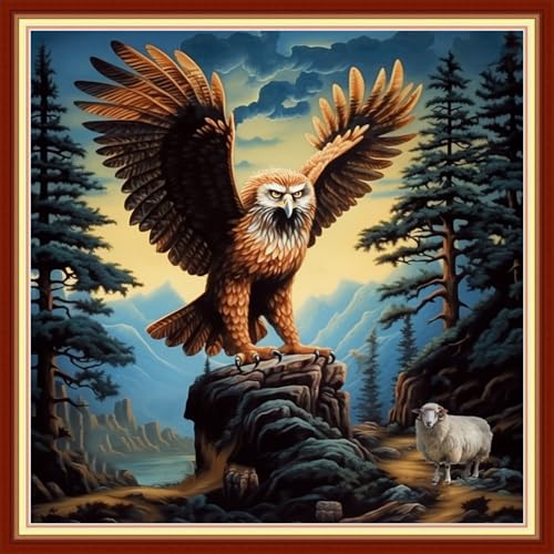 Image of Findvoor Stamped Cross Stitch Kits for Beginner Embroidery Kits for Beginners Adults DIY 11CT Cross Stitch Patterns Needlepoint Kits Crossstitching Kits-Eagle Sheep 18x18 inch