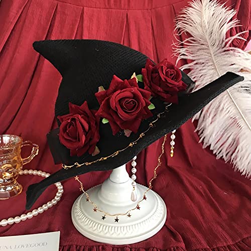 Black Witch Hat Halloween Party Costume Women Girls Big Bow Rose Headband Wicked Wizard Hat Large Brim Witch Cosplay Sun Hat3