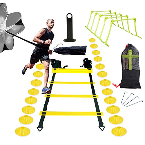 InLoveArts Speed ​​Ladder Training Set, Agility Ladder Set, Ejercicio de Entrenamiento Personal y Fuerza, Incluye Escalera ágil, paracaídas, 24 Conos de Disco, 5 barandillas Ajustables, 4 Clavos