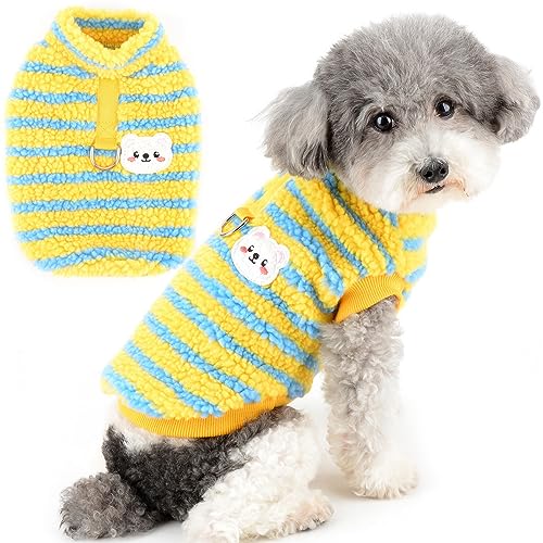 Zunea Fuzzy Sherpa Fleece Dog Jumper for Small Dogs Cat Striped Winter Sweater Coat with D-Ring Soft Warm Pullover Jacket Coat Puppy Vest Clothes Cold Weather Pet Chihuahua Yorkie Apparel Yellow M