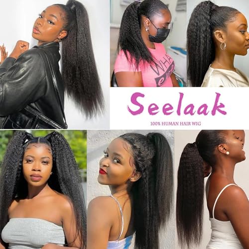 Seelaak Wrap Drawstring Kinky Straight Human Hair Ponytail For Balck Women Yaki Straight Remy Human Hair Ponytail Extension 10A Grade Afro Yaki Clip In Pony Tail Hairpiece 120G Natural Color thumb #5