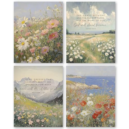 QLMX Christian Scripture Floral Wall Art Prints Set of 4, Watercolor Isaiah 40:8 Prints for Wall Decor, Christian Wall Decor, Bible Verses Spring Pictures for Bedroom Living Room 8x10 Unframed