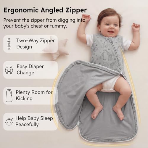 Image of Baby Sleep Sack 12-18 Months 0.5 Tog Baby Wearable Blanket 100% Cotton Sleeping Sack with 2-Way Zipper for Toddler Infant Apricot Gray Elephant