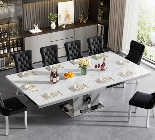 Image of 94.5 inch Rectangular Dining Table for 6 8 10, Modern White Extendable Kitchen Table, Large Long Dining Room Table with Mirrored Pedestal for Dining Kitchen Living Room