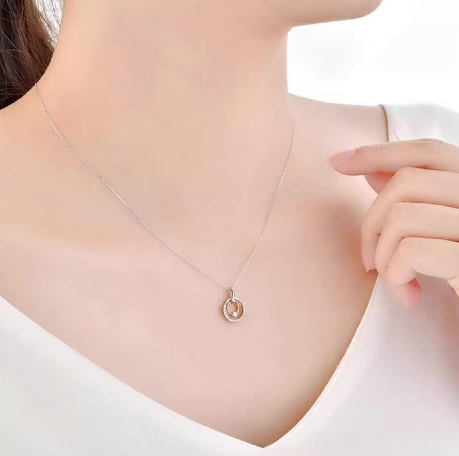 Łańcuszek na szyję długi dla kobiet, modna biżuteria, łańcuszek wisiorek podwójne koło z diamentem 0,01 ct różowe złoto + platyna, 45 cm