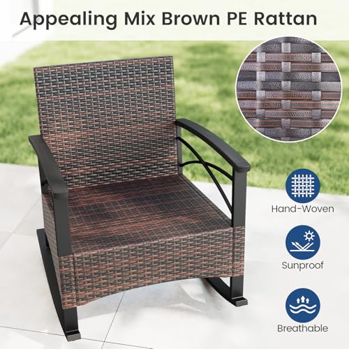 Image of Tangkula 3 Pieces Wicker Outdoor Rocking Chairs Set | Heavy Duty Cushioned Rattan Patio Rocker Bistro Set, 2-Tier Side Table w / Acacia Wood Tabletop, for Porch Balcony Backyard