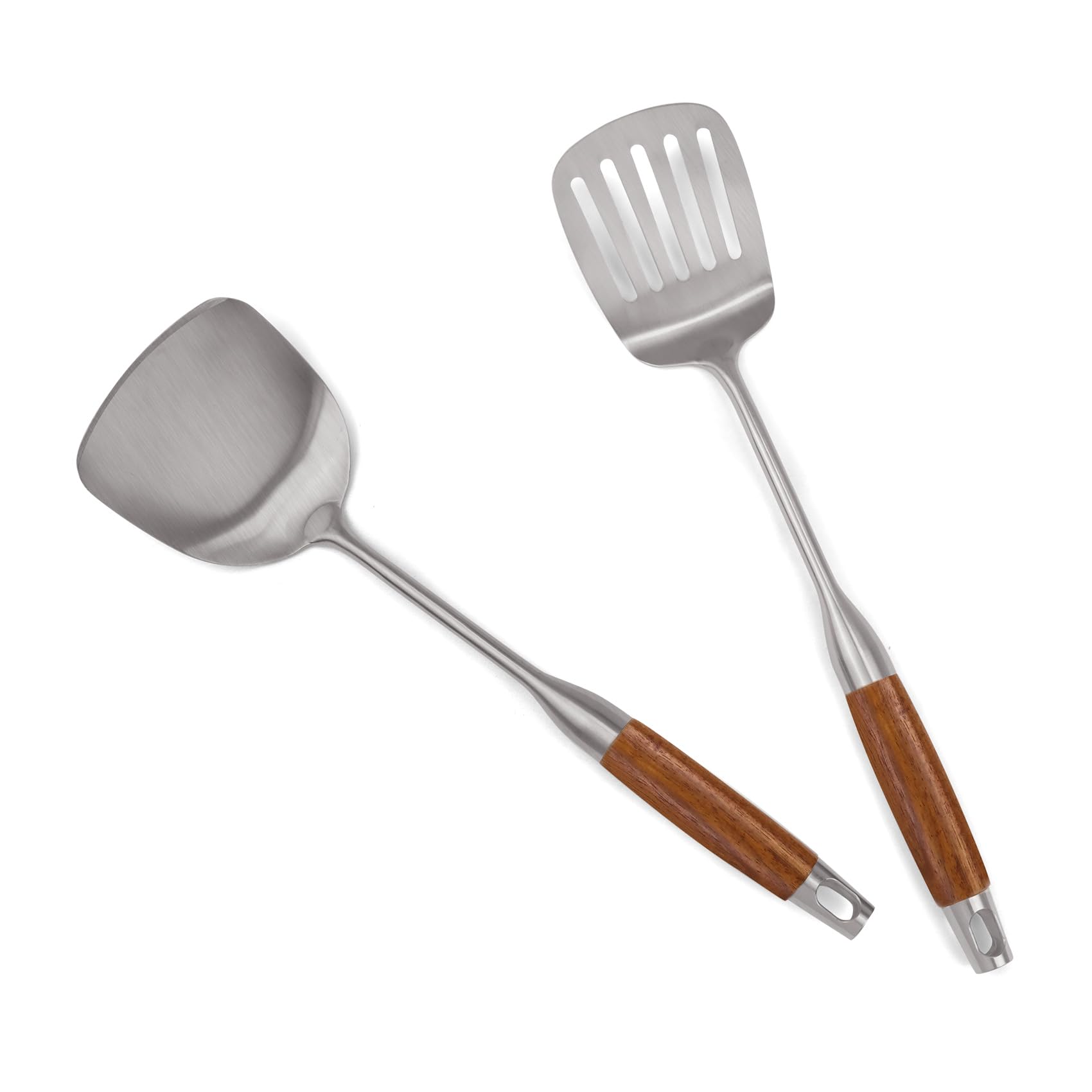 Küchenutensilien-Set aus 304 Edelstahl mit Holzgriff, 12-teiliges hitzebeständiges Metall-Kochutensilien-Set, Pfannenwender, Schöpflöffel, Skimmer, Spaghetti-Löffel, Zange, Kartoffelstampfer