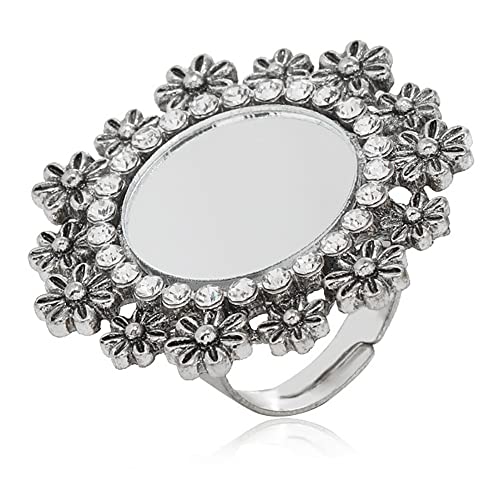 Vintage CZ Round Mirror Daisy Flower Ring for Women Girls Cubic Zirconia Adjustable Open Wrap Statement Rings Comfort Fit Retro Holiday Wedding Birthday Y2K Party Jewelry Gift Size 6-8