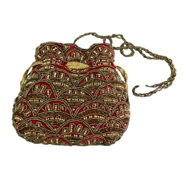 OLL luxury red color satin fabric zari-zardosi handcrafted batua style beaded work with drawstring and beads handles potli bags or wristlets for girls/women - Image 3