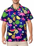 King Kameha Funky Camisa-Hawaiana, Manga-Corta, Flamingo-Melon, Azul, M