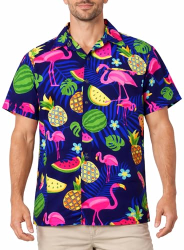King Kameha Funky Camisa-Hawaiana, Manga-Corta, Flamingo-Melon, Azul, XS