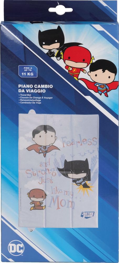 Table à langer pliable Warner Bros Justice League pour enfants, parfaite pour voyager, peu encombrante, souple et équipée d'une fermeture à bouton, dimensions 61 cm x 39 cm