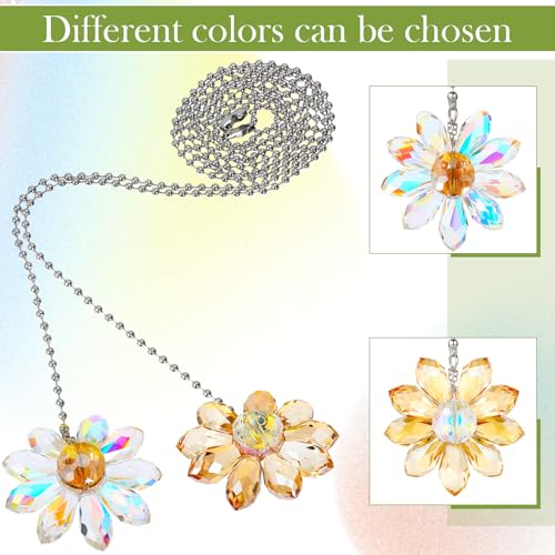 Image of Threehoney 4 Pieces Ceiling Fan Pull Chain Extender Light Pull Light Chain Extender Pack for Ceiling Fans Extension Pack Crystal Glass Flower Pendants with 22.8 Inch(AB Color)