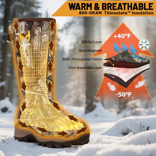 Rubber Hunting Boots for Men with 800g Insulation, Waterproof Insulated 6mm Neoprene Shoes for Outdoor Hunting (Next Camo, Size 6-14)3