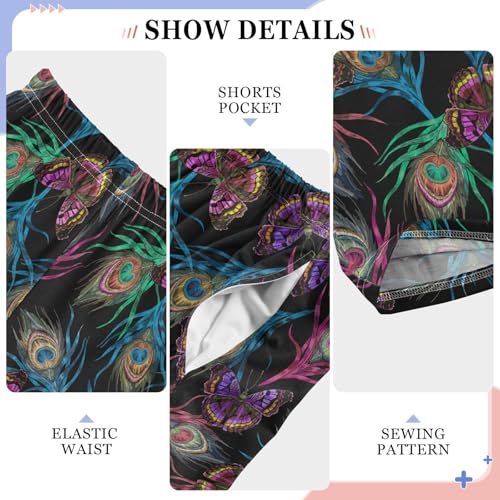 Colorful Peacock Feather Butterfly Boys Long Pants Soft Trousers Elastic Waist Kids Lounge Bottoms with Pockets S-XL4