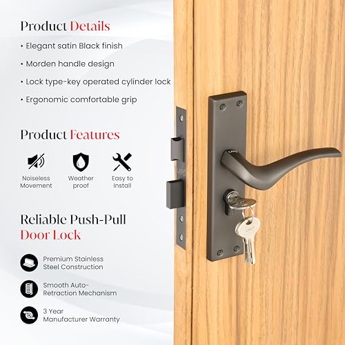 Image of LAPO Mortise Door Lock for Home Main Door & Bedroom with Handle, Left-Right Fit 30-50mm Door Home Office Hotel, Heavy-Duty 60mm Cylinder, 45x45mm Body, 3 Brass Keys | Black Finish |CY-101