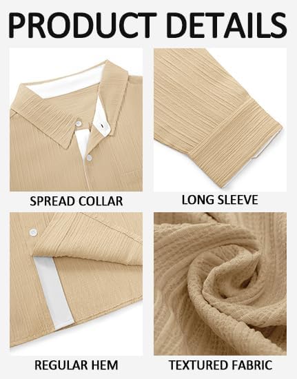 Yousify Mens Button Down Shirts Long Sleeve Casual Textured Dress Shirt Wrinkle-Free Beach Tops with Pocket - Image 5