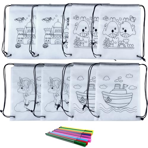 qimeyu rucksack zum ausmalen für kinder,Rucksack zum Ausmalen,Kinder Stoffbeutel Set,DIY Graffiti Taschen,8 Stück Non-Woven Tasche zum Bemalen und 12 Graffiti-Stift