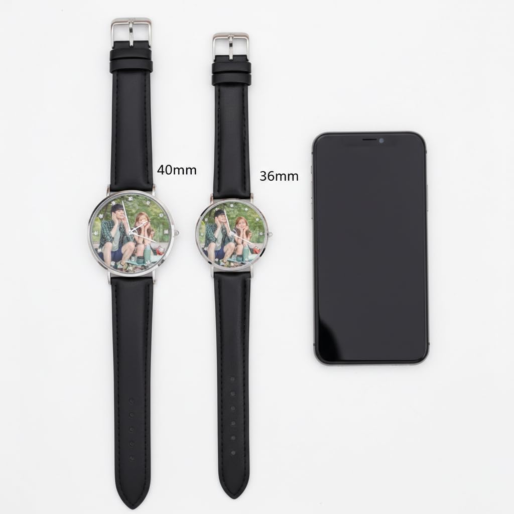 Coppia di orologi da polso personalizzati, con incisione personalizzata per uomini e donne, orologi da polso al quarzo con cinturino in pelle nera, con marcature a diamante, resistente